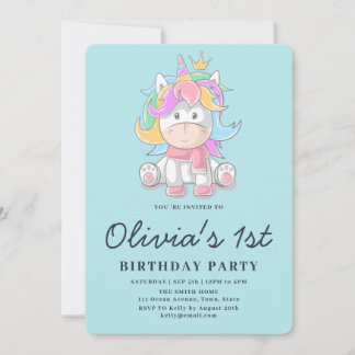 Niedlich Princess Unicorn 1. Geburtstag Party Einladung