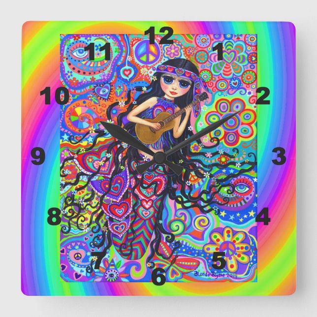 Niedlich Psychedelisch Hippie Mermaid Girl Chick G Quadratische Wanduhr (Vorderseite)