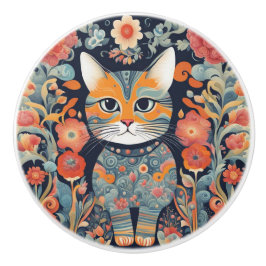 Niedlich Psychedelische Katze, Blume, Tapestry Keramikknauf