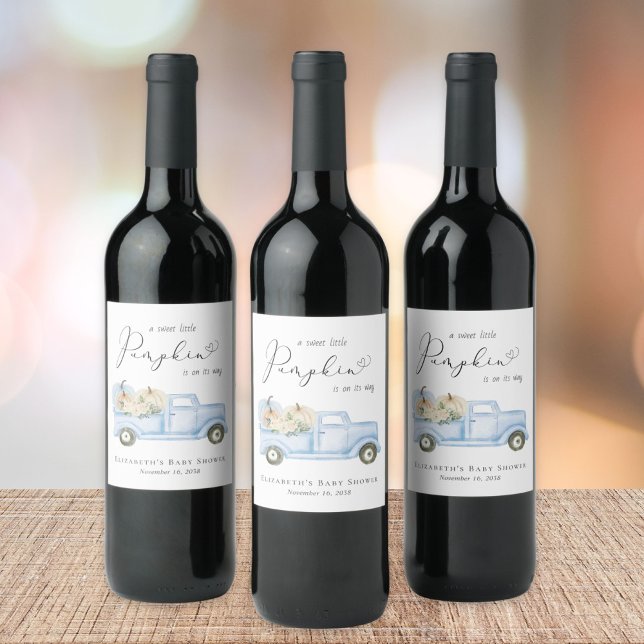 Niedlich Pumpkin Blue Truck Watercolor Babydusche Weinetikett (Von Creator hochgeladen)