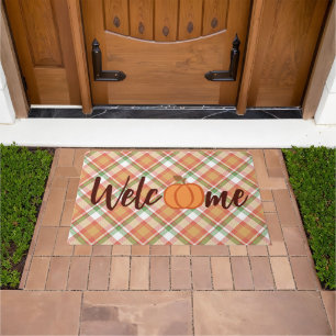 Niedlich Pumpkin Welcome Fall Orange Green Gingham Fußmatte