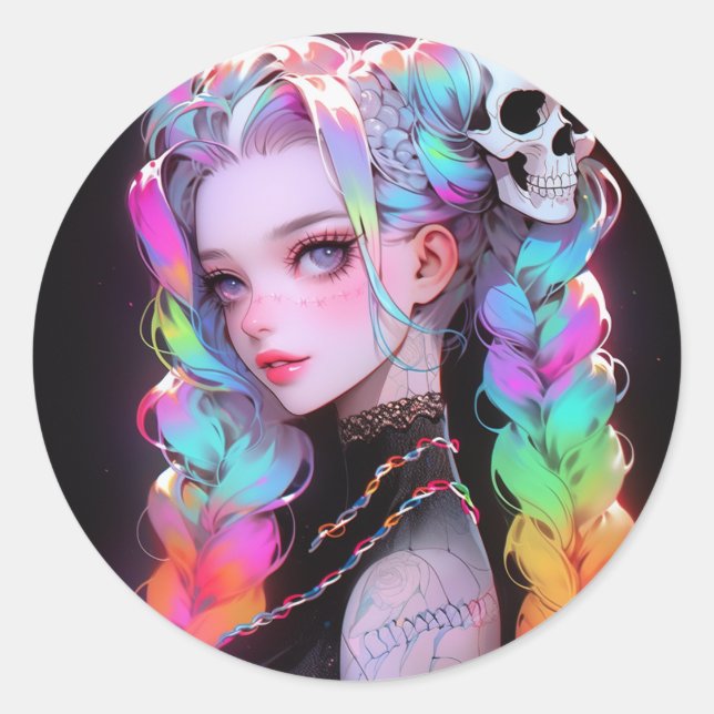 Niedlich Punk Rock Skull Goth Rainbow Braid Anime  Runder Aufkleber (Vorderseite)
