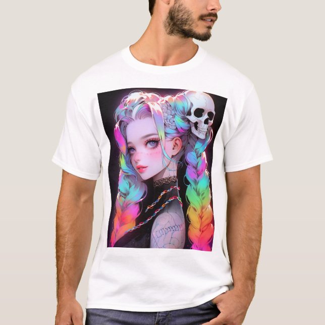 Niedlich Punk Rock Skull Goth Rainbow Braid Anime  T-Shirt (Vorderseite)