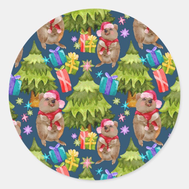 Niedlich Quokka Blue Christmas Runder Aufkleber (Vorderseite)