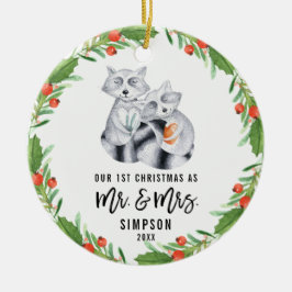 Niedlich Raccoon Erste Weihnacht als Mr. und Mrs.  Keramik Ornament