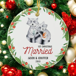 Niedlich Raccoon Erste Weihnachten Verheiratet Neu Keramik Ornament