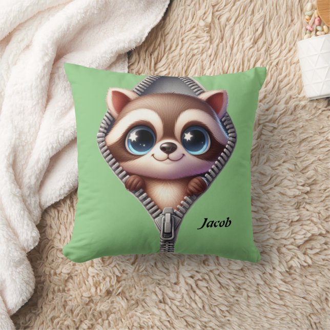 Niedlich Raccoon Green Kids Kissen (Decke)