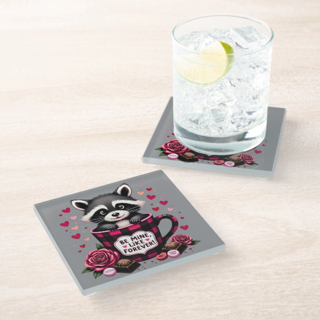 Niedlich Raccoon Valentine Buffalo Kariert Ästheti Glasuntersetzer (Schrägansicht)