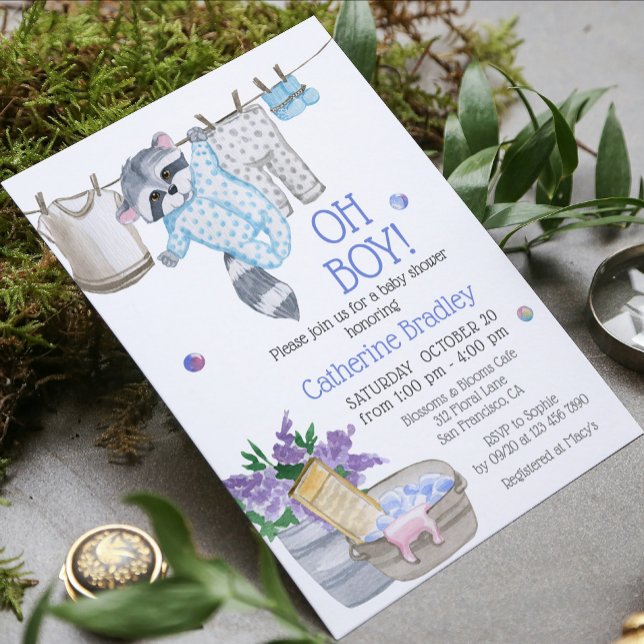 Niedlich Raccoon Wash Day Boy Watercolor Kinderdus Einladung (Von Creator hochgeladen)