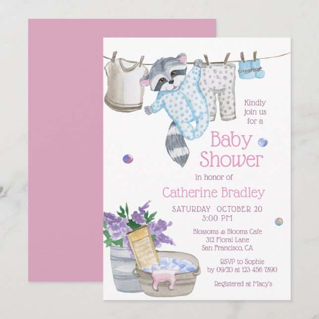 Niedlich Raccoon Wash Day Watercolor Kinderdusche Einladung (Vorne/Hinten)