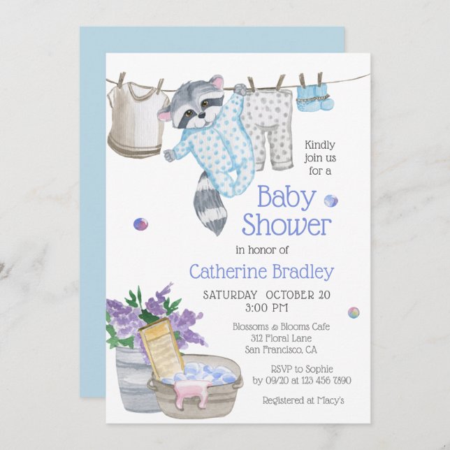 Niedlich Raccoon Wash Day Watercolor Kinderdusche Einladung (Vorne/Hinten)
