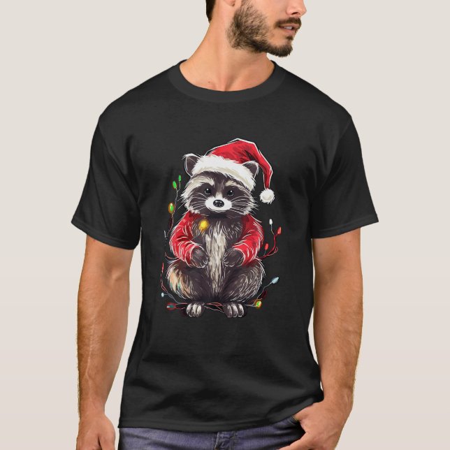 Niedlich Raccoon Weihnachtslicht Weihnachtsmannmüt T-Shirt (Vorderseite)