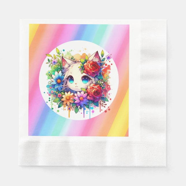 Niedlich Rainbow Anime Cat Birthday Cake Serviette (Vorderseite)
