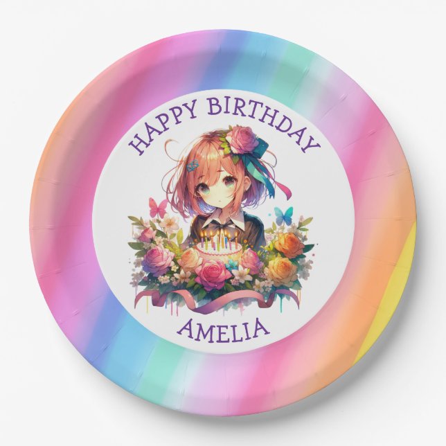 Niedlich Rainbow Anime Girl Birthday Cake Personal Pappteller (Vorderseite)