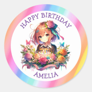Niedlich Rainbow Anime Girl Birthday Cake Personal Runder Aufkleber
