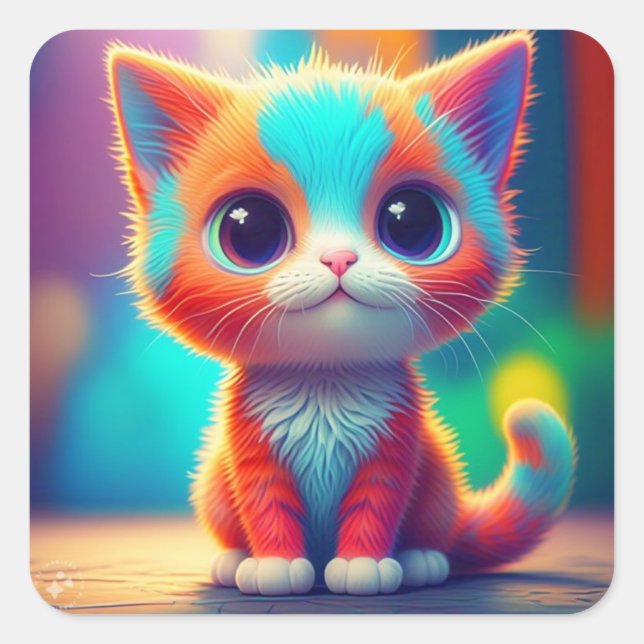 Niedlich Rainbow Colored Sitting Kitten Cartoon-85 Quadratischer Aufkleber (Vorderseite)