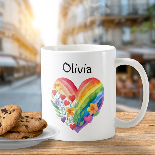 Niedlich Rainbow Heart Individuelle Name Kaffeetasse (A cute personalized mug with rainbow heart design)