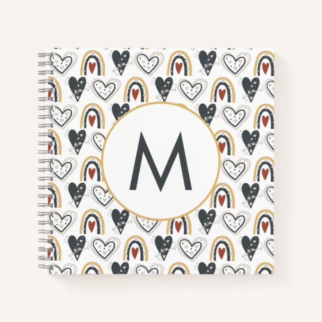 Niedlich Rainbow Hearts Boho Muster Monogram Initi Notizbuch (Vorderseite)