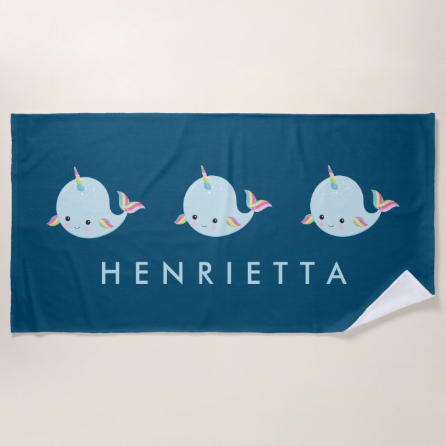 Niedlich Rainbow Narwhal Personalisierter Name Kin Strandtuch (Vorderseite)