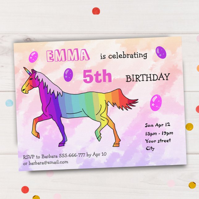 Niedlich Rainbow Unicorn Girly Birthday Party Einladung (Von Creator hochgeladen)