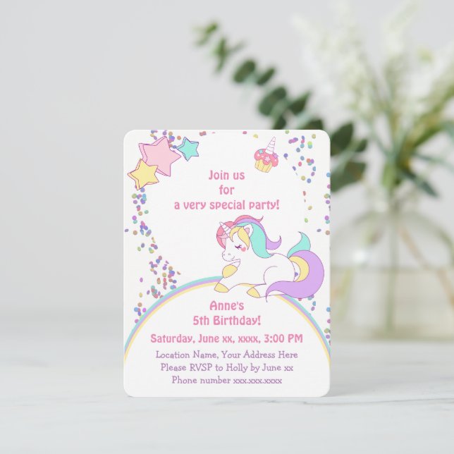 Niedlich Rainbow Unicorn & Stars Girl Birthday Par Einladung (Stehend Vorderseite)