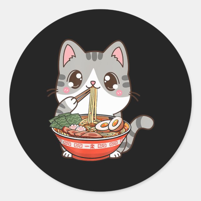 Niedlich Ramen Cat Kawaii Anime Japanisches Lebens Runder Aufkleber (Vorderseite)