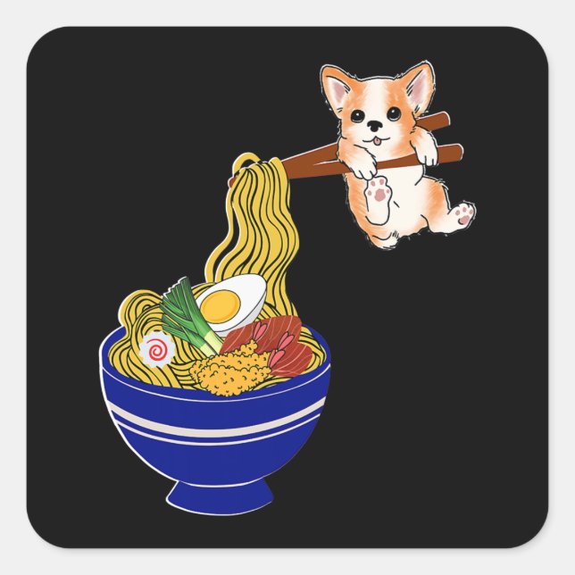 Niedlich Ramen Corgi Dog Quadratischer Aufkleber (Vorderseite)