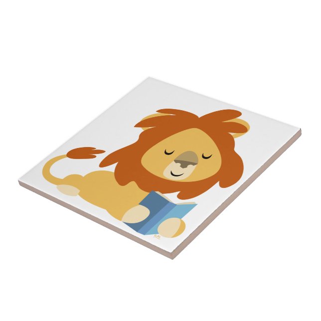 Niedlich Reading Cartoon Lion Tile Fliese (Seite)