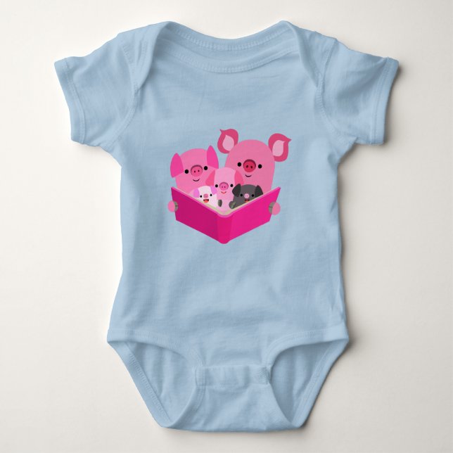 Niedlich Reading Cartoon Pig Family Baby Bodysuit Baby Strampler (Vorderseite)