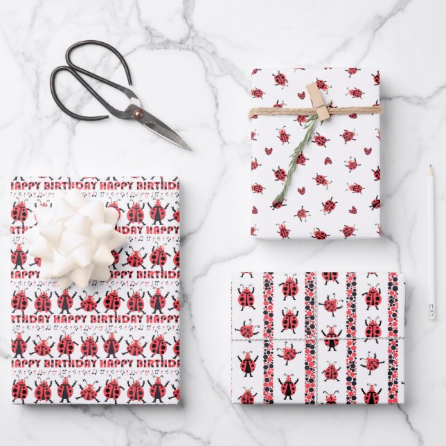  Niedlich Red Black Ladybugs Happy Birthday Kids Geschenkpapier Set (Vorderseite)