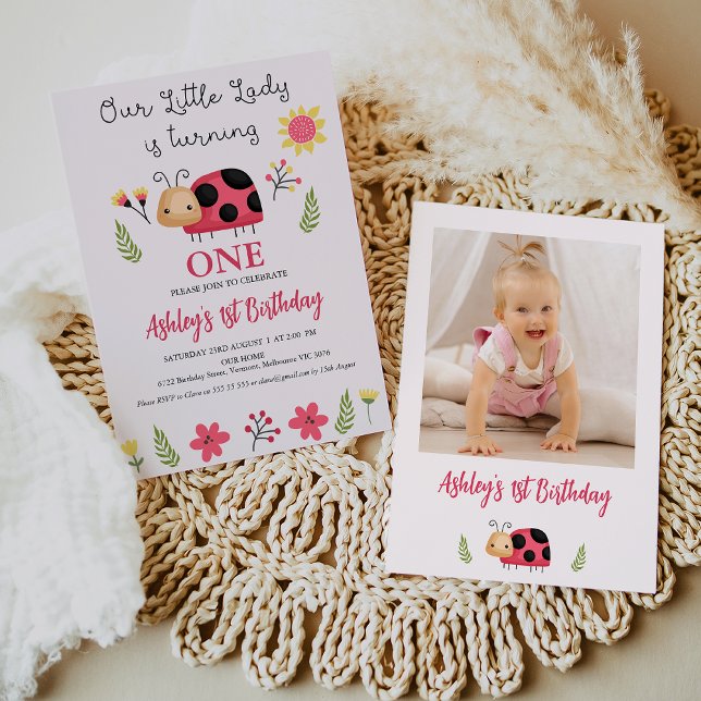 Niedlich Red Black Our Little Ladybug 1. Geburtsta Einladung (Ladybug Themed 1st Birthday Invitation Template with Photo,
Our Little Lady Ladybug Birthday Invite)