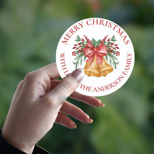 Niedlich Red Blume Berries Bell Bow Frohe Weihnach Runder Aufkleber