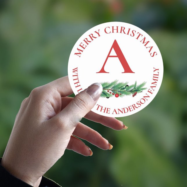 Niedlich Red Blume Berries Monogram Frohe Weihnach Runder Aufkleber (Von Creator hochgeladen)