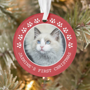 Niedlich Red Cat Paw Prints Foto Weihnachtsrahmen Ornament