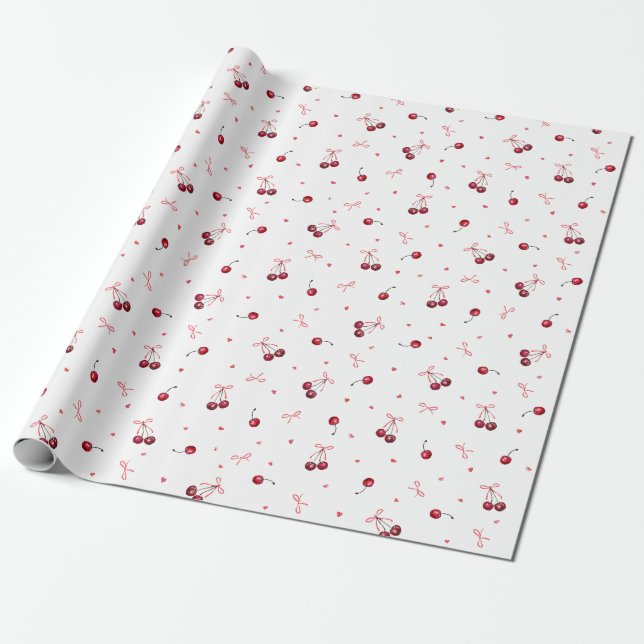 Niedlich Red Cherries Hearts Bows Geschenkpapier (Ungerollt)