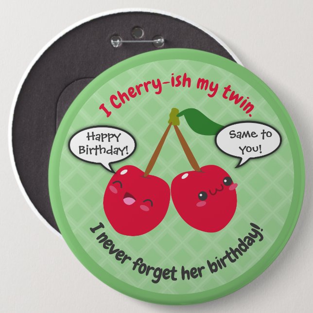 Niedlich Red Cherry Kawaii Twins Birthday Button (Vorne & Hinten)