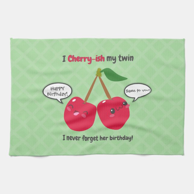 Niedlich Red Cherry Kawaii Twins Birthday Geschirrtuch (Horizontal)