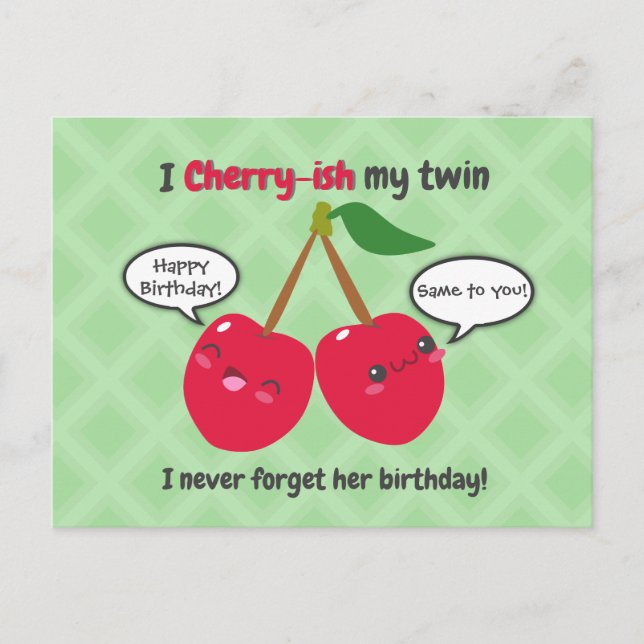 Niedlich Red Cherry Kawaii Twins Birthday Postkarte (Vorderseite)