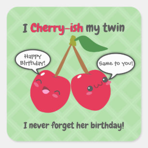 Niedlich Red Cherry Kawaii Twins Birthday Quadratischer Aufkleber