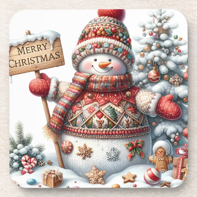 Niedlich Red Christmas Snowman Getränkeuntersetzer (Vorderseite)