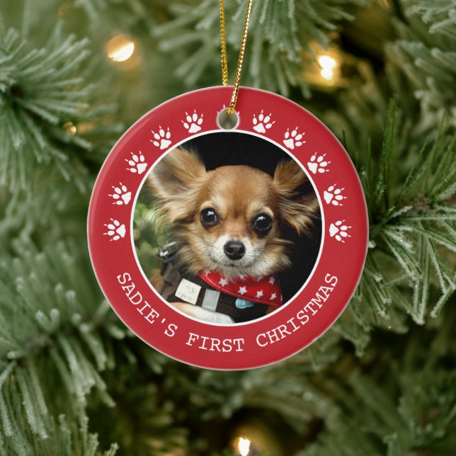 Niedlich Red Dog Paw Prints Foto Rahmen Weihnachte Keramik Ornament (Baum)