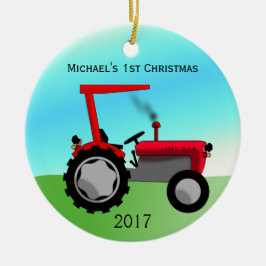 Niedlich Red Farm Tractor Baby's First Christmas Keramik Ornament