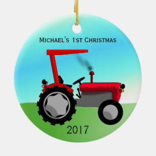 Niedlich Red Farm Tractor Baby's First Christmas Keramik Ornament