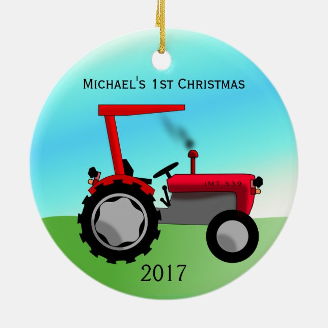 Niedlich Red Farm Tractor Baby's First Christmas Keramik Ornament (Hinten)