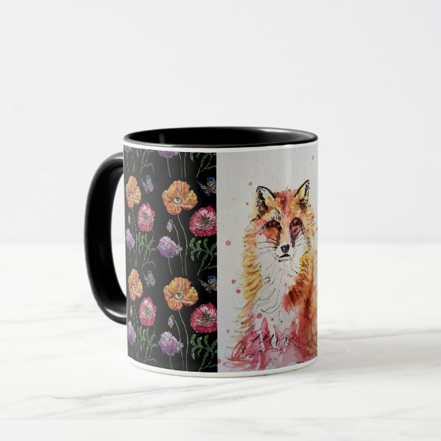 Niedlich Red Fox Aquarellbilder Tasse Schwarz (Vorderseite Links)