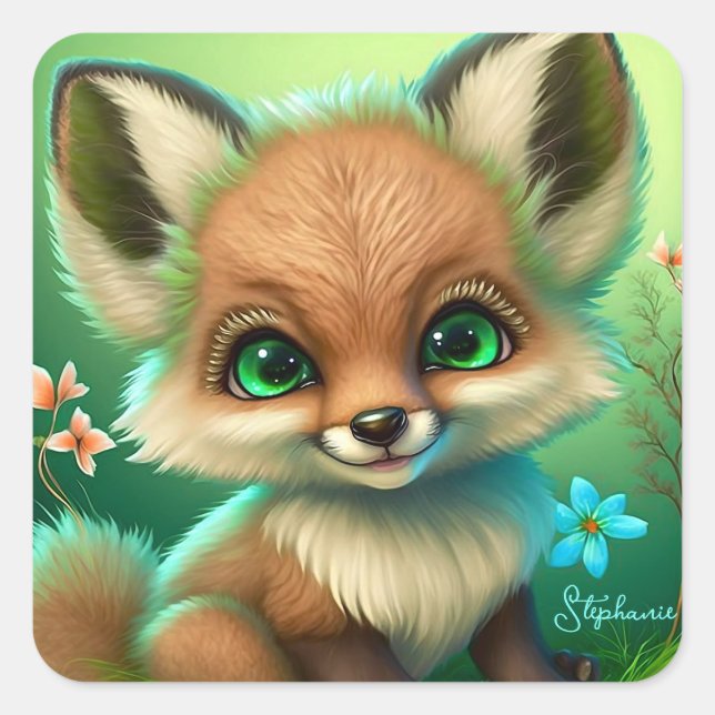 Niedlich Red Fox Orange Blue Blume Quadratischer Aufkleber (Vorderseite)