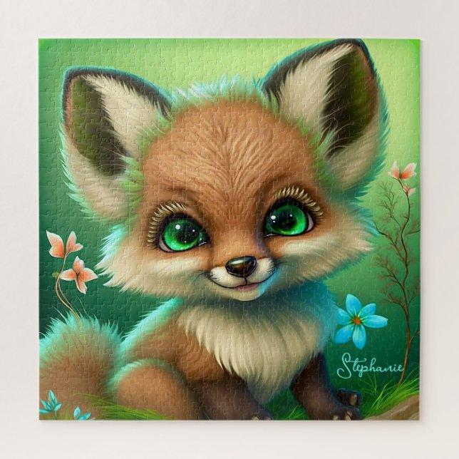 Niedlich Red Fox Orange Blue Blumen Green Puzzle (Vertikal)