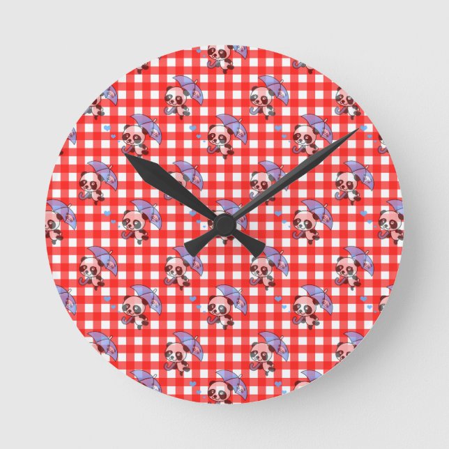 Niedlich Red Gingham Karo Design Runde Wanduhr (Vorderseite)
