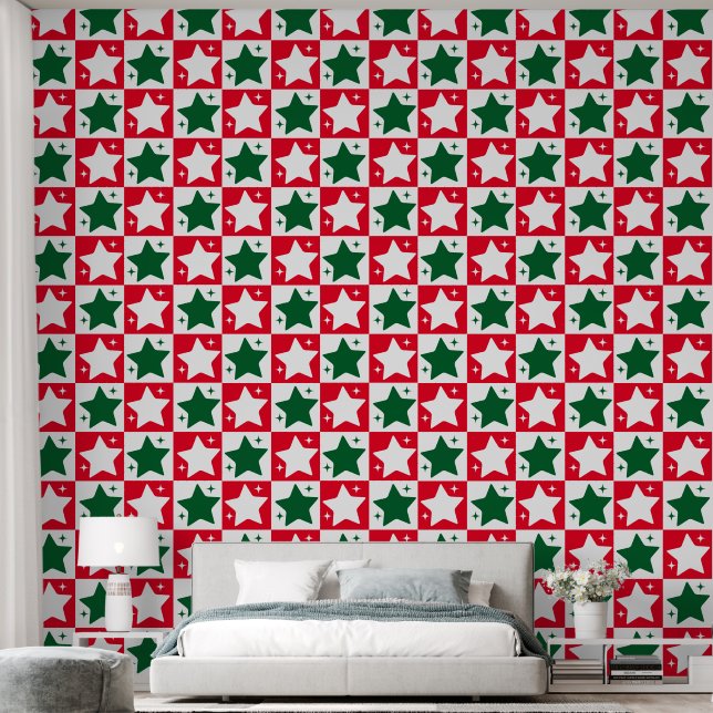 Niedlich Red Green Christmas Stars Pattern Tapete (Schlafzimmer)