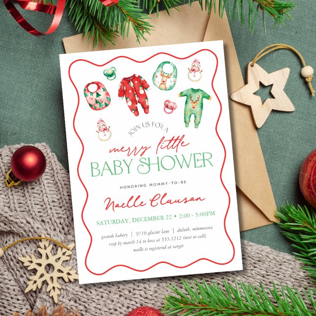 Niedlich Red Green Merry Little Christmas Baby Sho Einladung (Cute Red Green Merry Little Christmas Baby Shower Invitation)